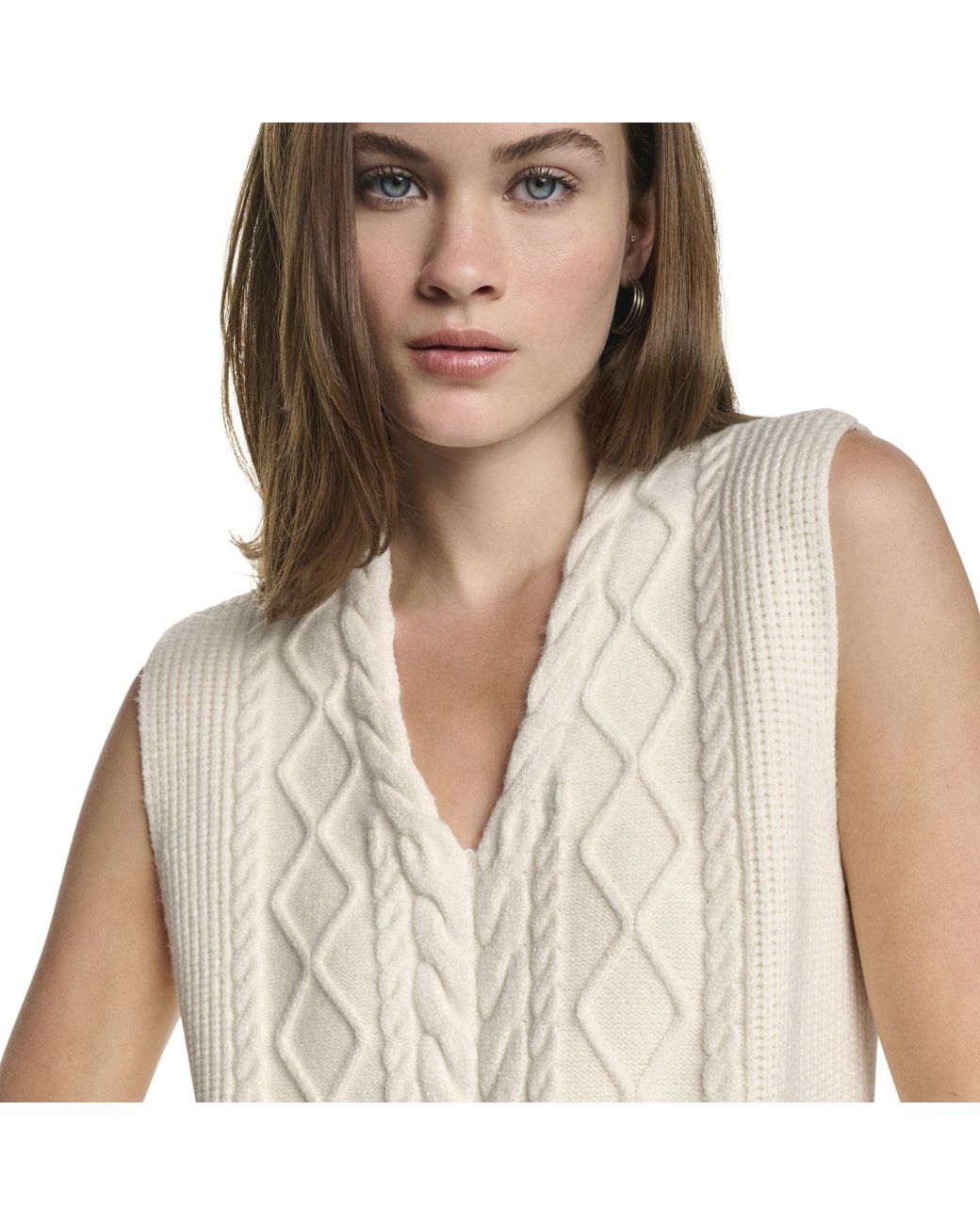 DKNY White Sleeveless V-Neck Cable Sweater