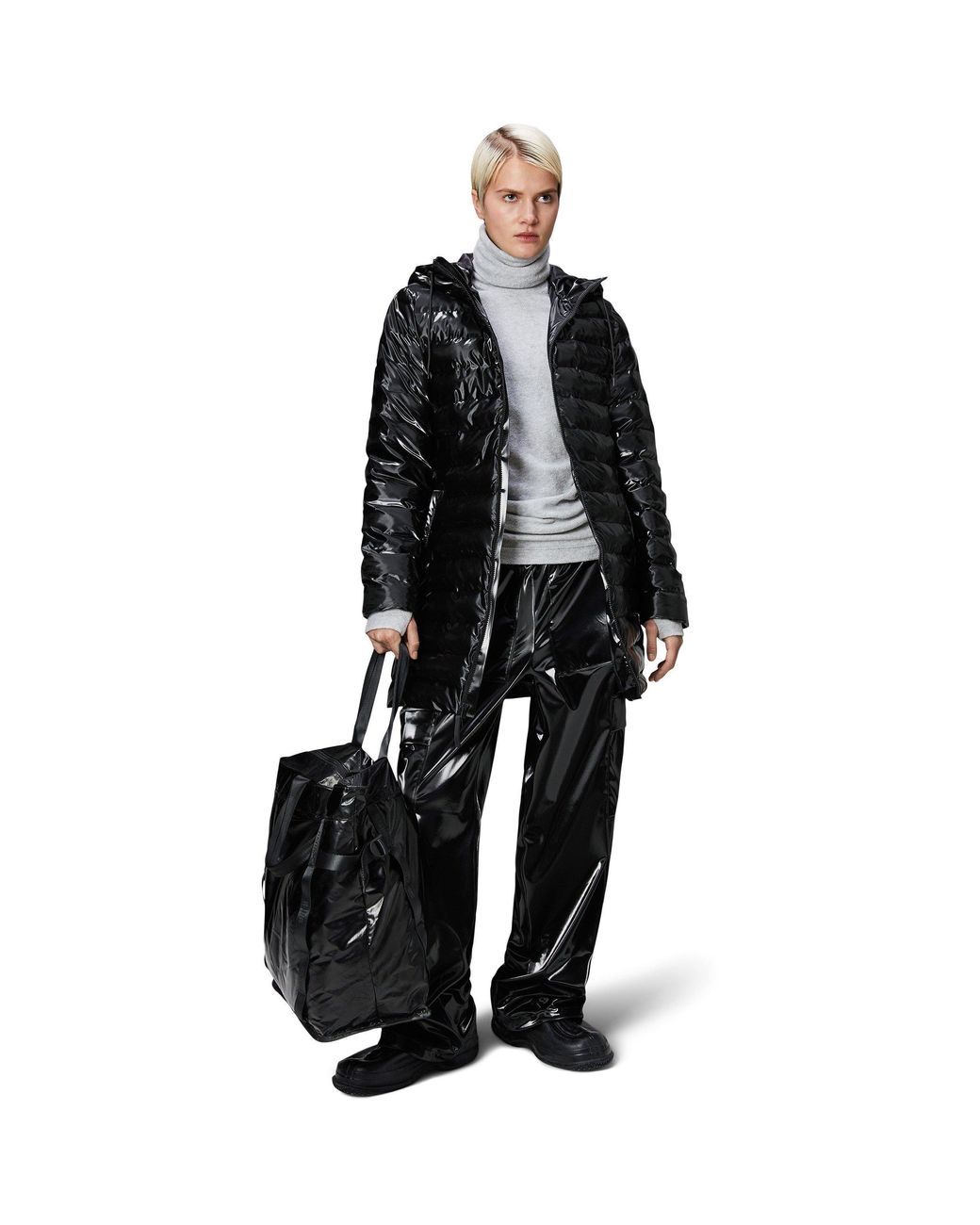 Rains Black Lohja Curve Hooded Funnel Neck Long Sleeve Long Puffer Jacket