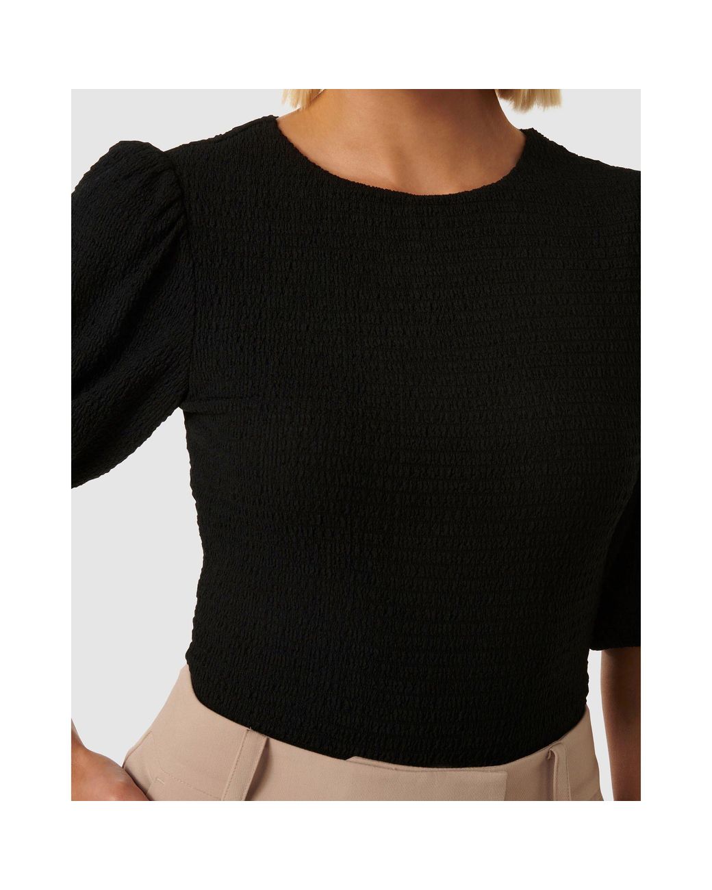 Forever New Black Jolanta Textured Puff Sleeve Top