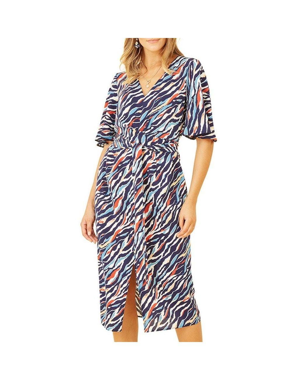 Yumi' Blue Zebra Stripe Midi Wrap Dress