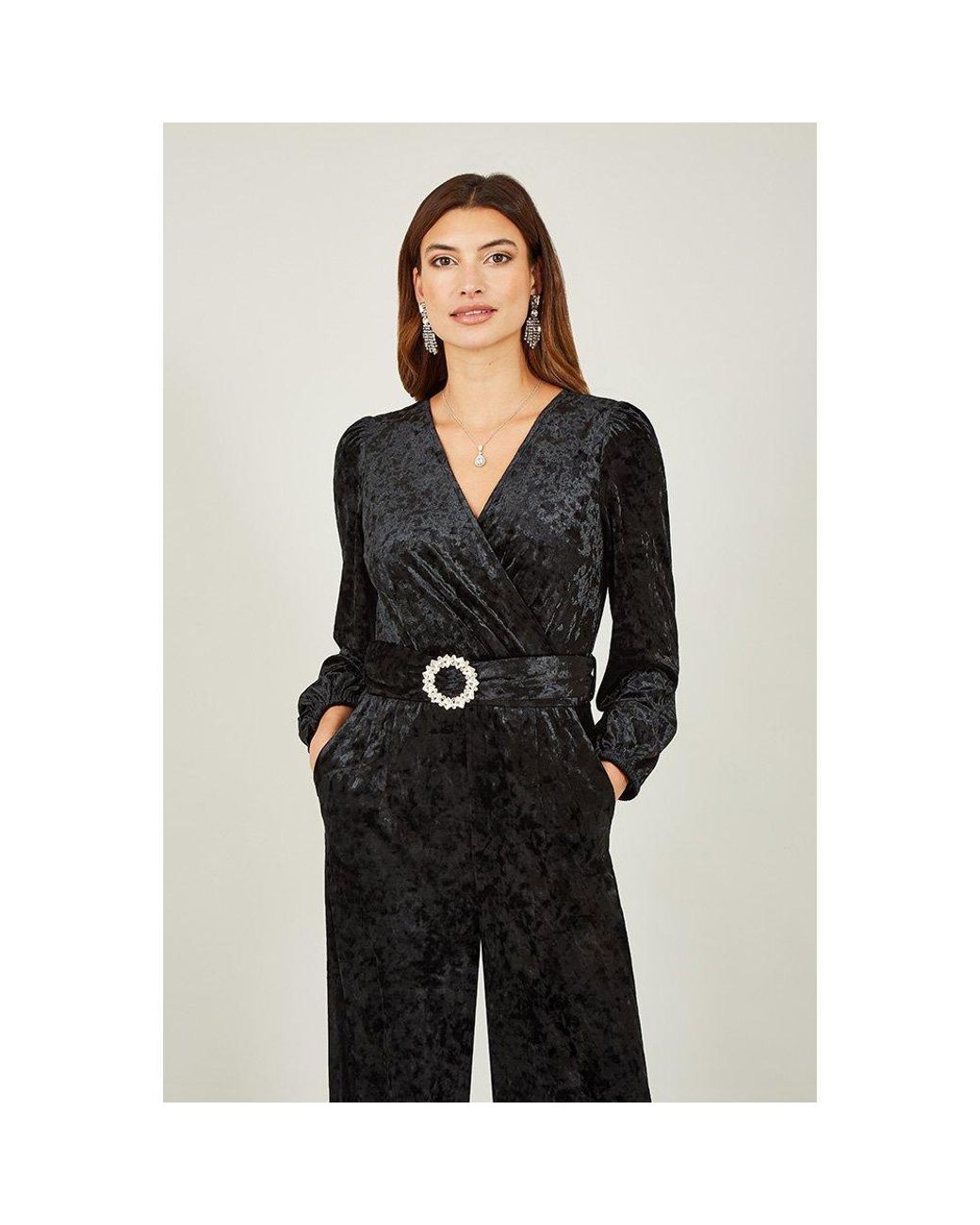 Yumi' Black Velvet Jumpsuit With Diamanté Belt