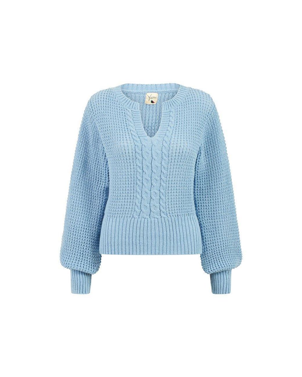 Yumi' Blue Balloon Sleeve Cable Knit Jumper