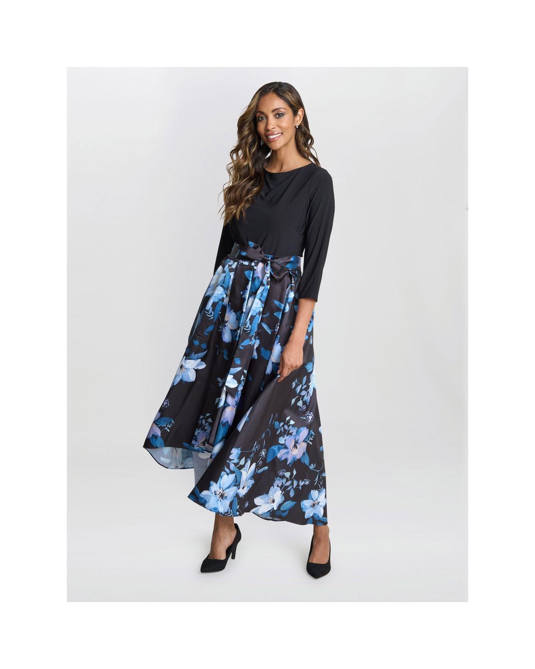 Gina Bacconi Blue Louise Printed High/Low Midi Dress