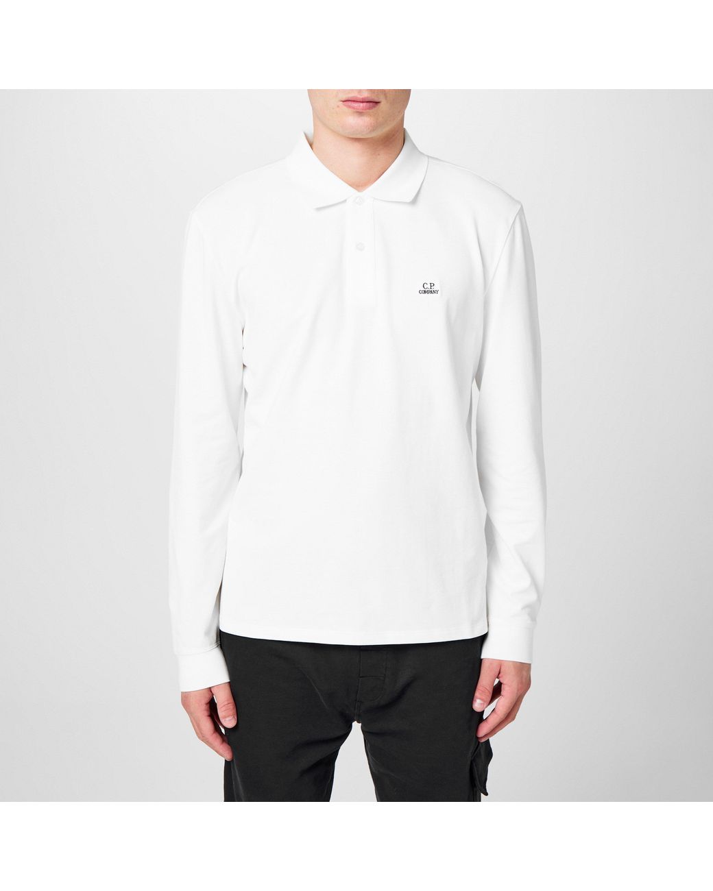 C P Company White C.P. Cotton Long Sleeve Polo Shirt for men