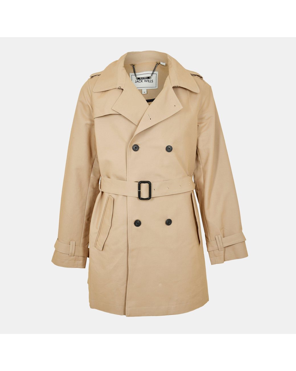 Jack Wills Natural Cotton Water Resistant Mid-Length Long Sleeve Trench Coat for men
