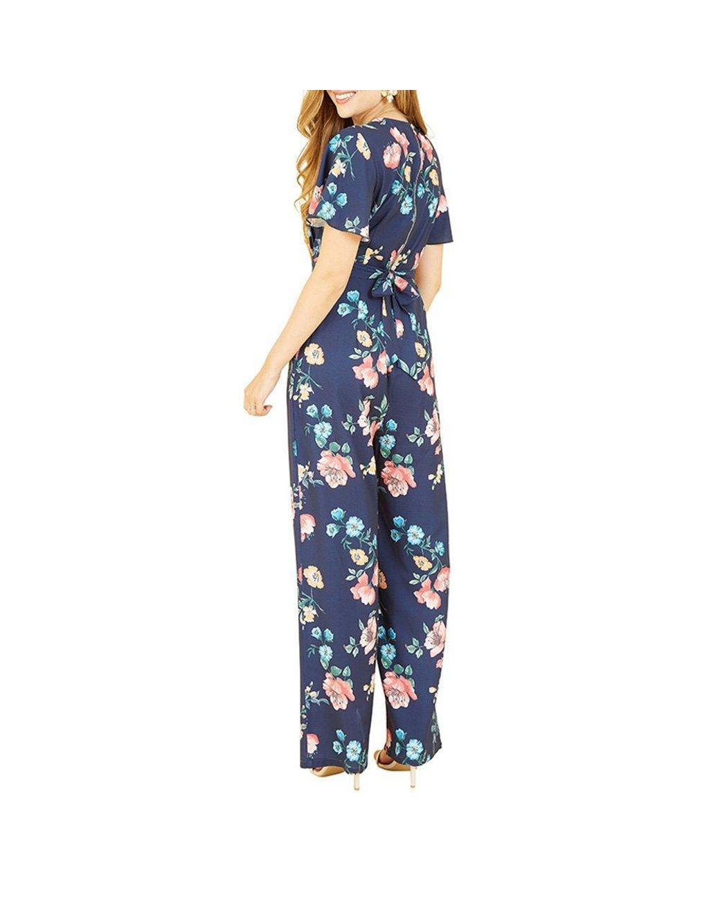 Yumi' Blue Floral Angel Sleeve Jumpsuit