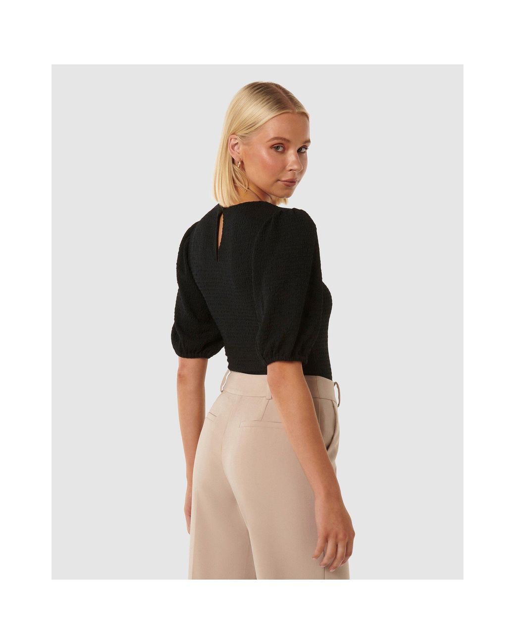 Forever New Black Jolanta Textured Puff Sleeve Top