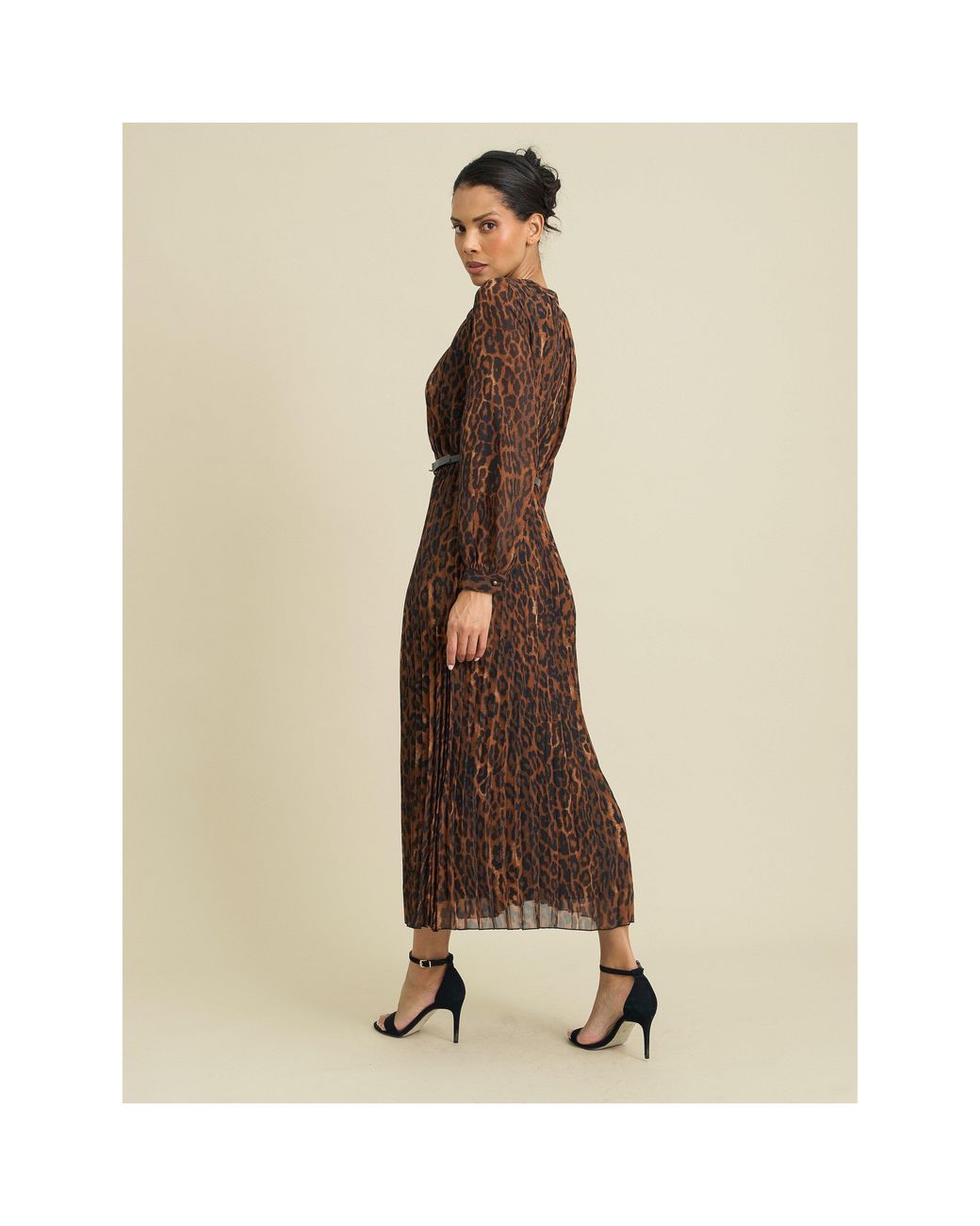 Gina Bacconi Natural Yasmina Chiffon Belted Jewel Neck Animal Dress