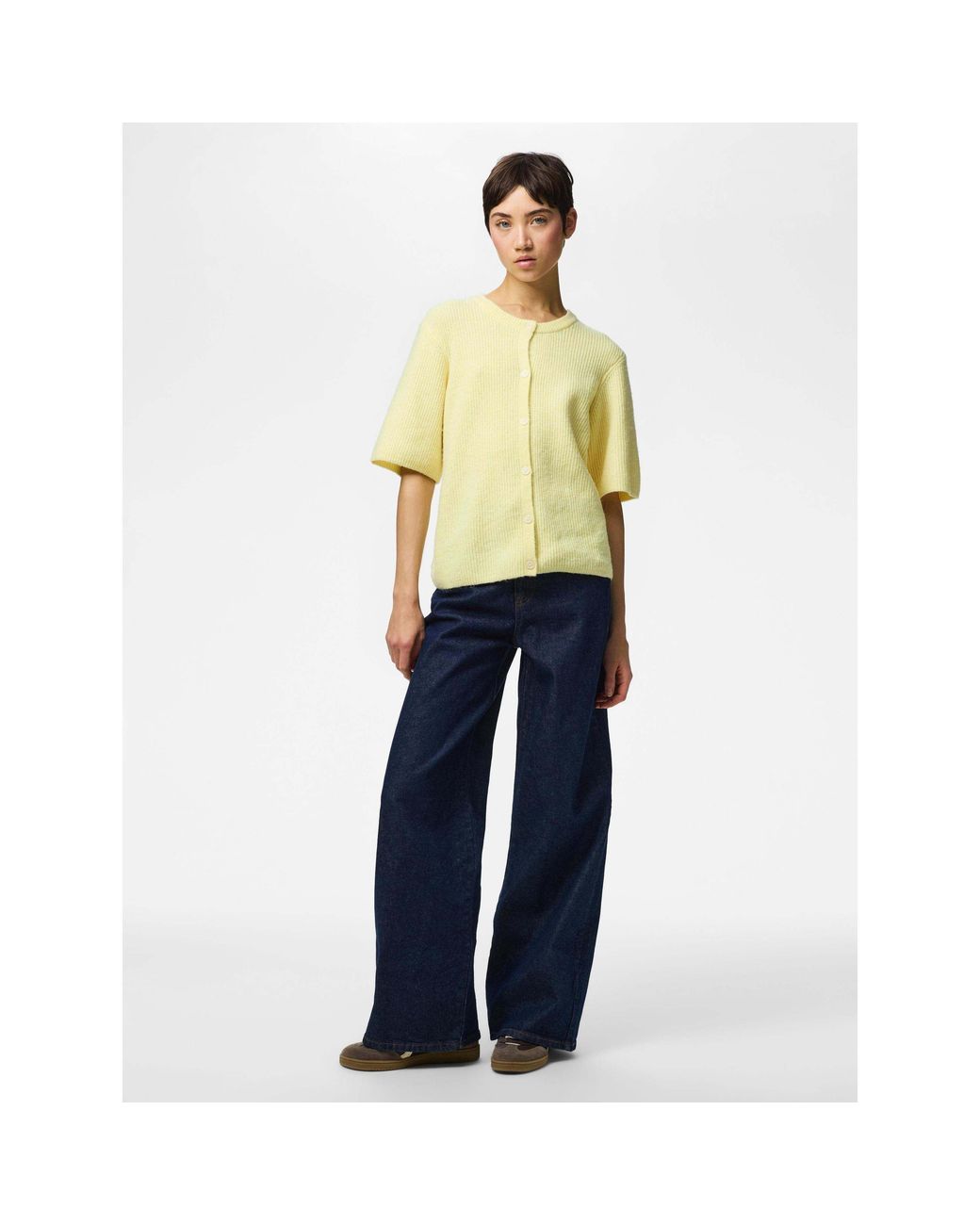 Pieces Yellow Short-Sleeve Crew-Neck Ribbed Knit Cardigan