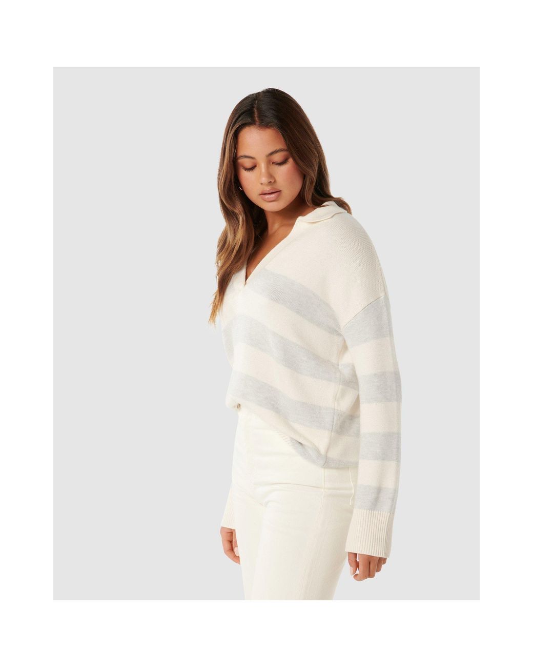 Forever New White Nicole Striped Polo Collar Jumper