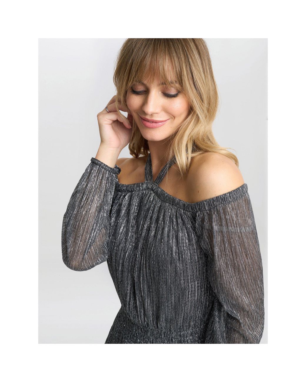 Gina Bacconi Gray Sylvia Metallic Off The Shoulder Dress