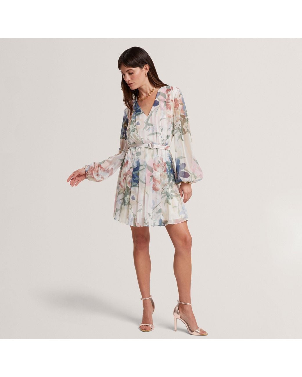 Ted Baker Pink Floral Pleated Long Sleeve Mini Dress