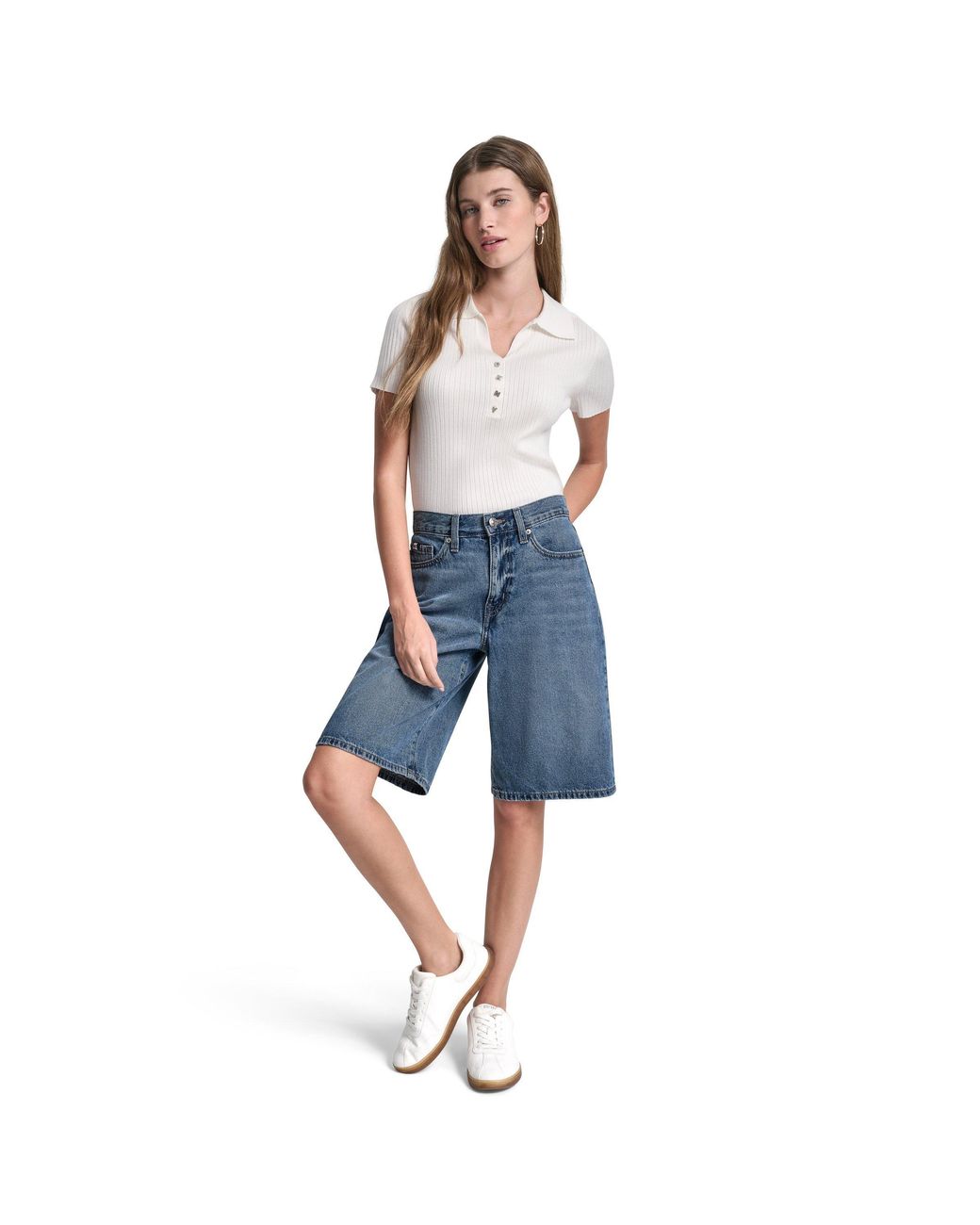 DKNY Blue Jeans Mid Rise Relaxed Bermuda Denim Short