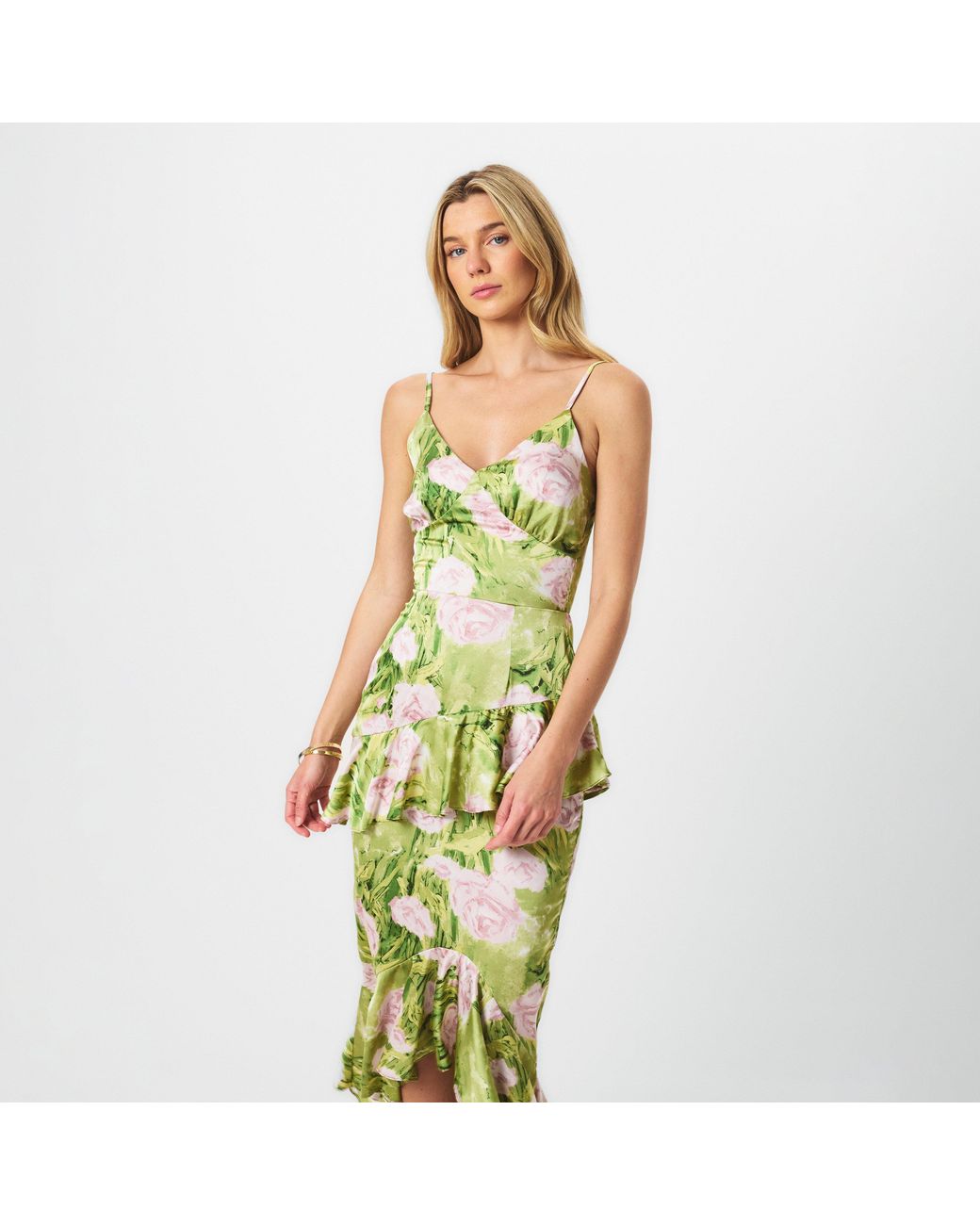 AX Paris Green Floral Satin Ruffle Midi Dress
