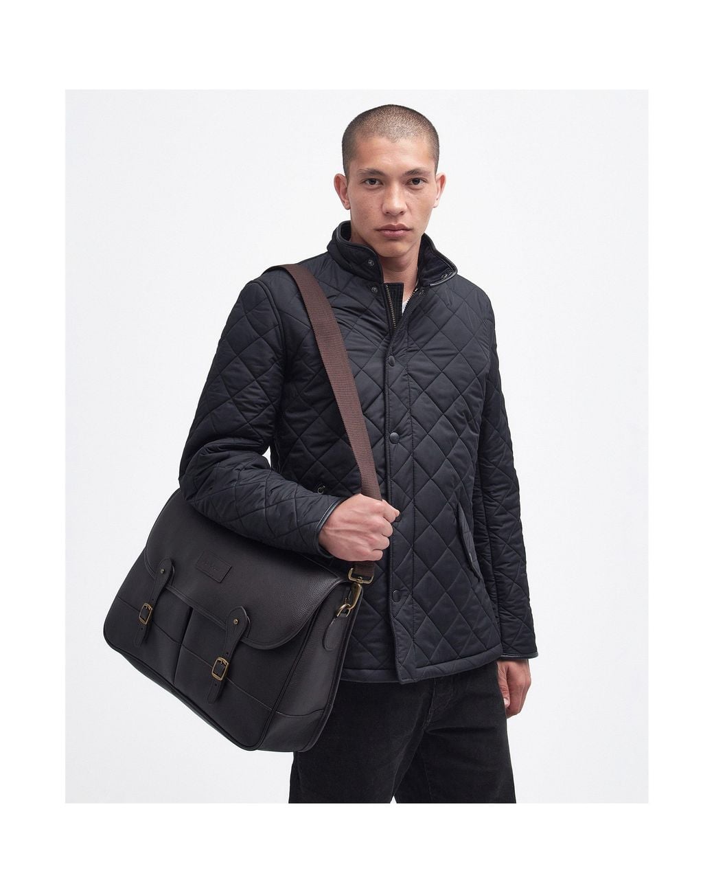 Barbour Black Leather Briefcase for men