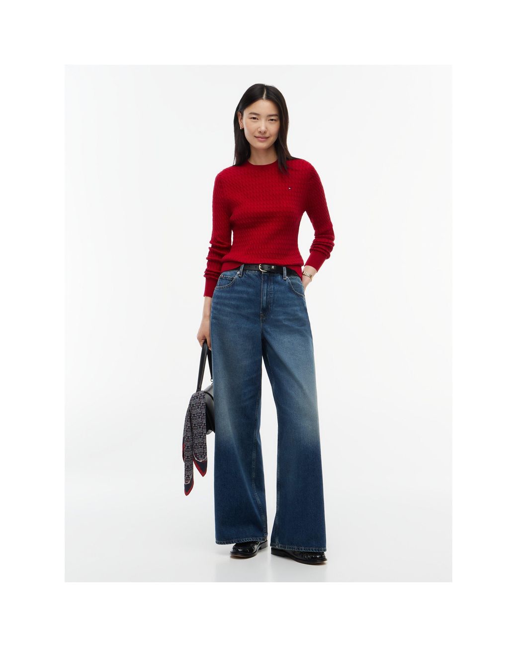 Tommy Hilfiger Red Cable Fine Knit Cotton Long-Sleeve Jumper