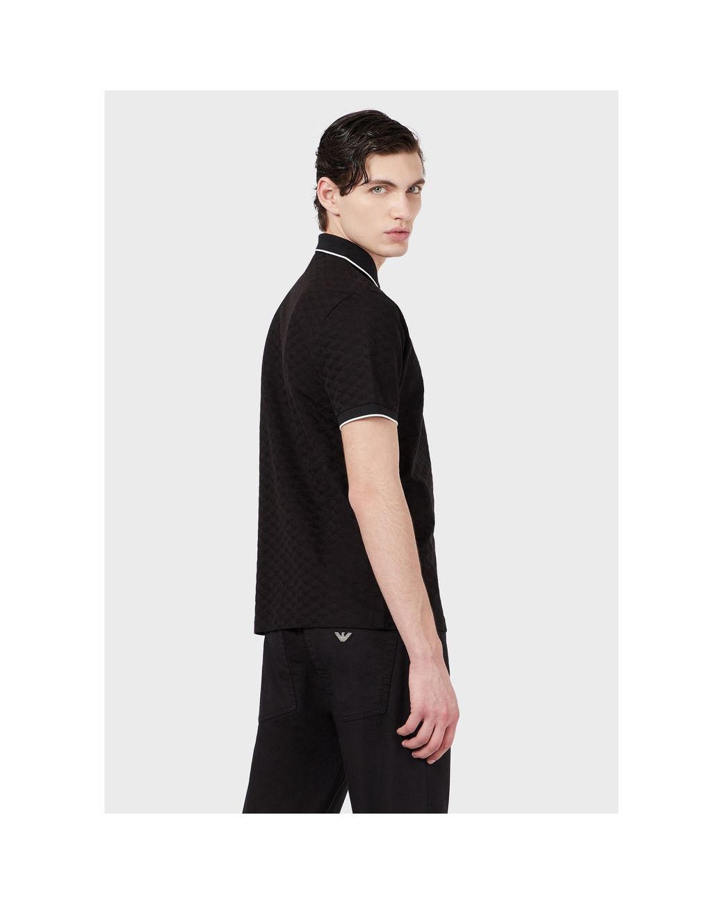 Emporio Armani Black All-Over Eagle Short Sleeve Polo Shirt for men