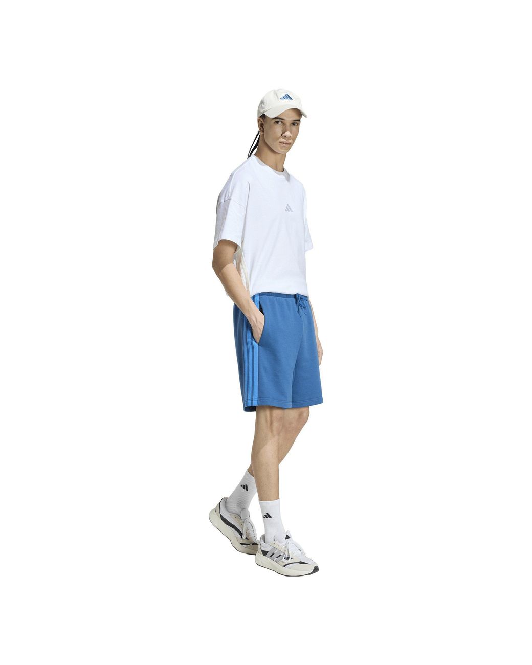 Adidas Blue Essentials 3 Stripe Fleece Shorts for men