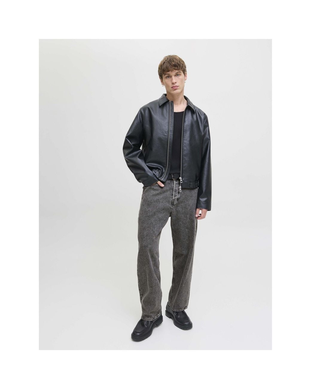 Jack & Jones Gray Alex Original Cotton High-Waisted Wide-Leg Jeans for men