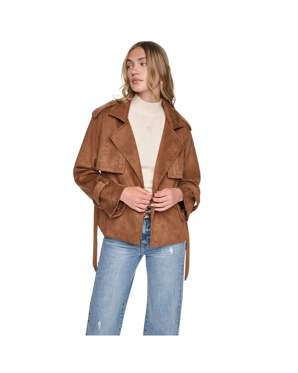 DKNY Brown Faux Suede Collared Short Trench Jacket