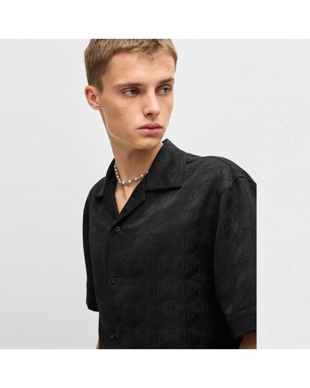 HUGO Black Espino Short-Sleeve Patterned Shirt for men