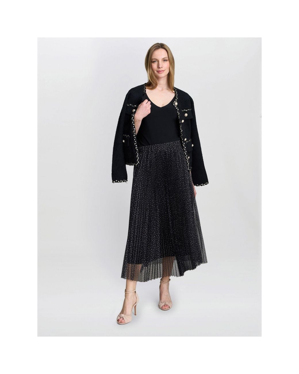 Gina Bacconi Black Roslynn Pleated Mesh Skirt