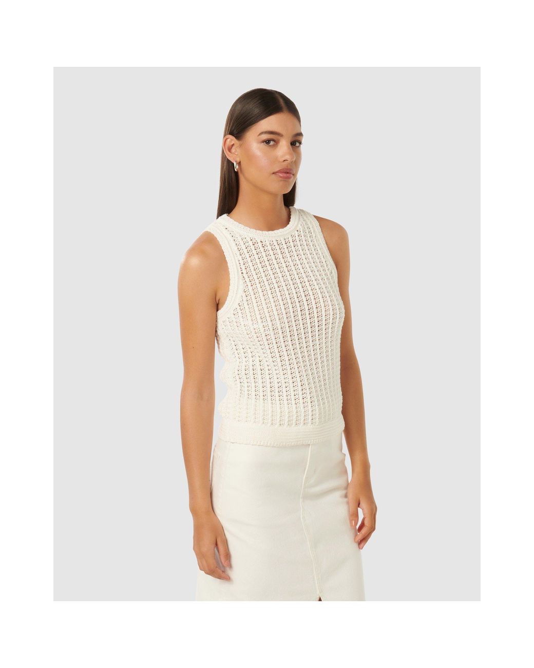 Forever New White Bailee Crochet Look Racer Top