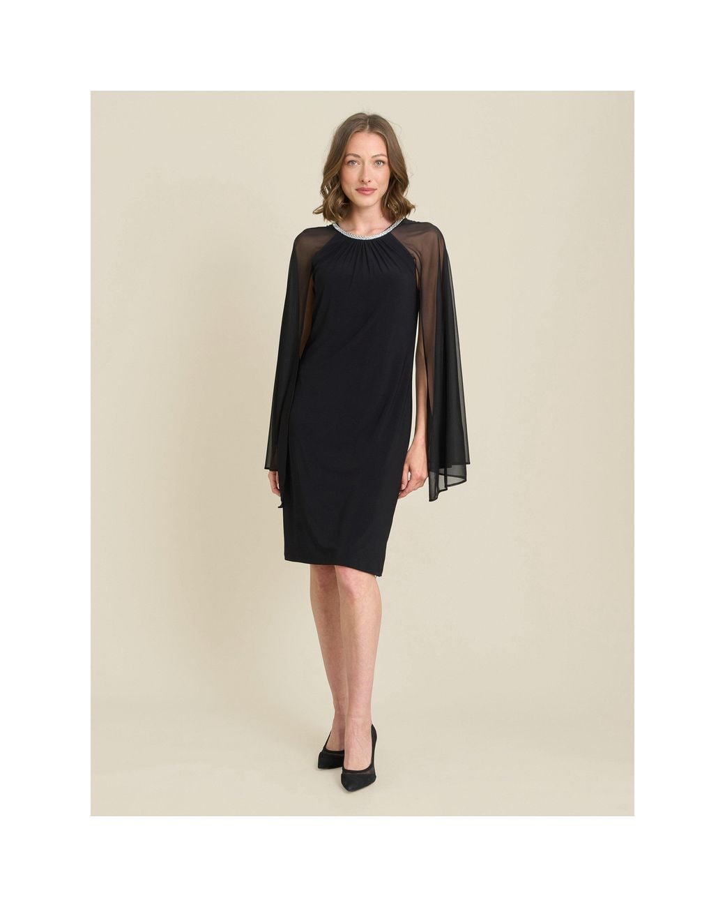 Gina Bacconi Black Shyla Sheer Sleeve & Crystal Trim Dress