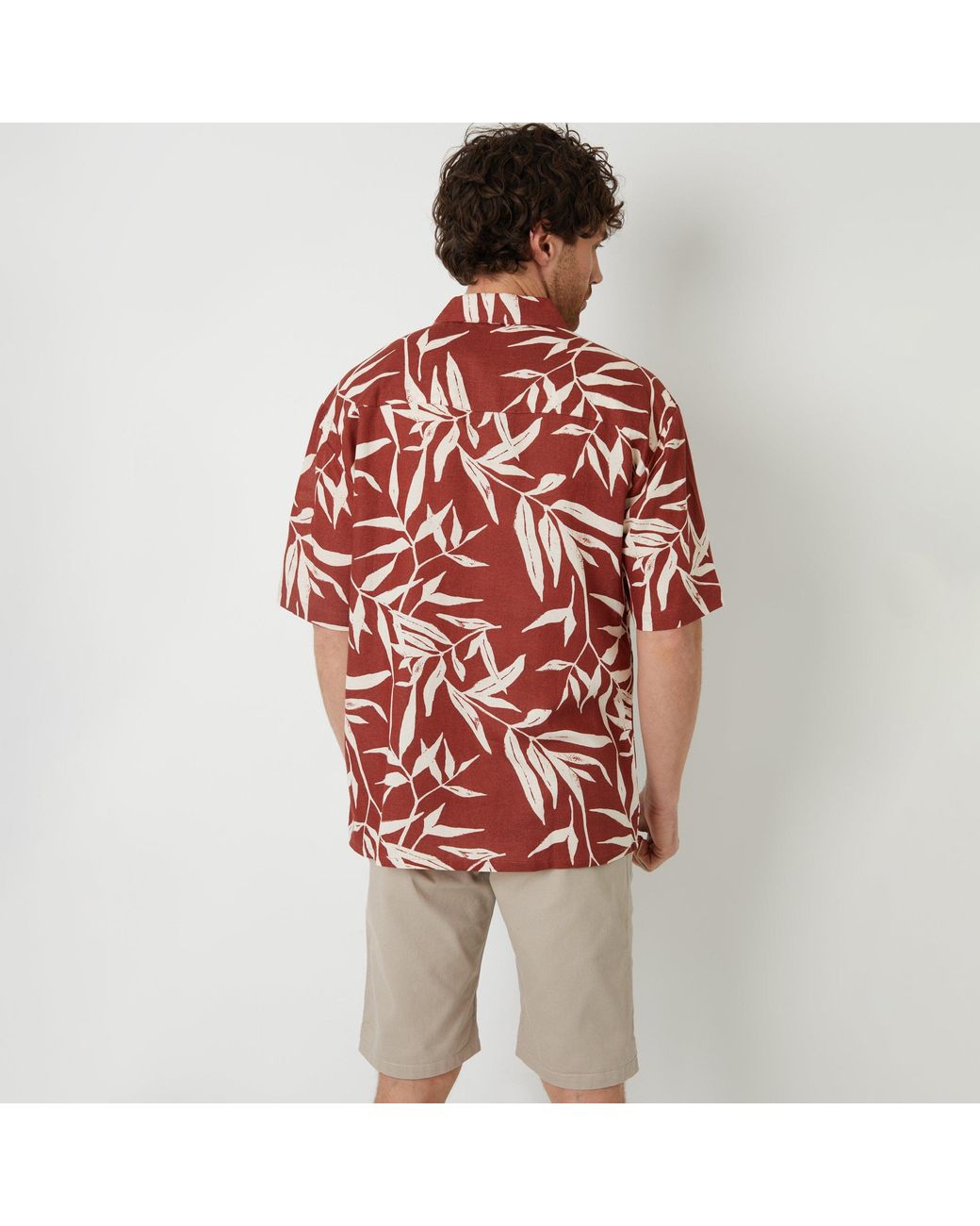 Threadbare Red Revere Collar Leaf Print Short Sleeve Shirt for men