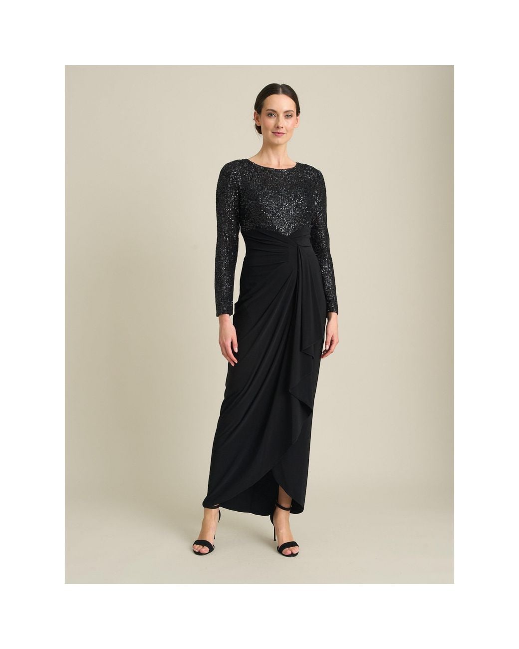 Gina Bacconi Black Steffi Sequin Ruched Draped Maxi Dress