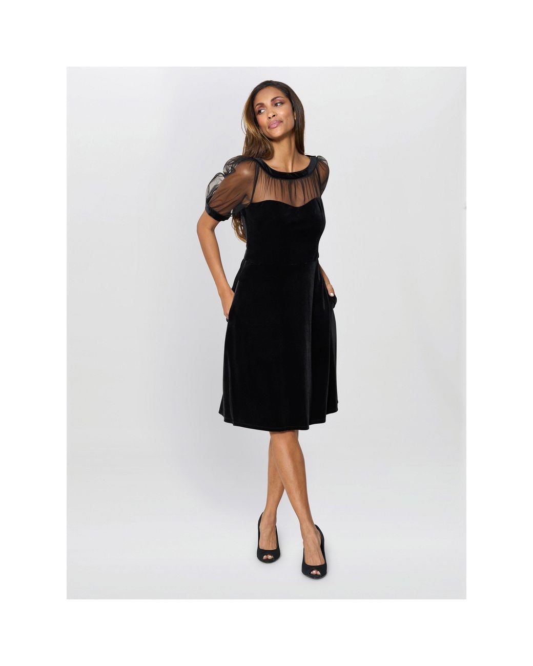 Gina Bacconi Black Capri Velvet Dress With Sheer Shoulders