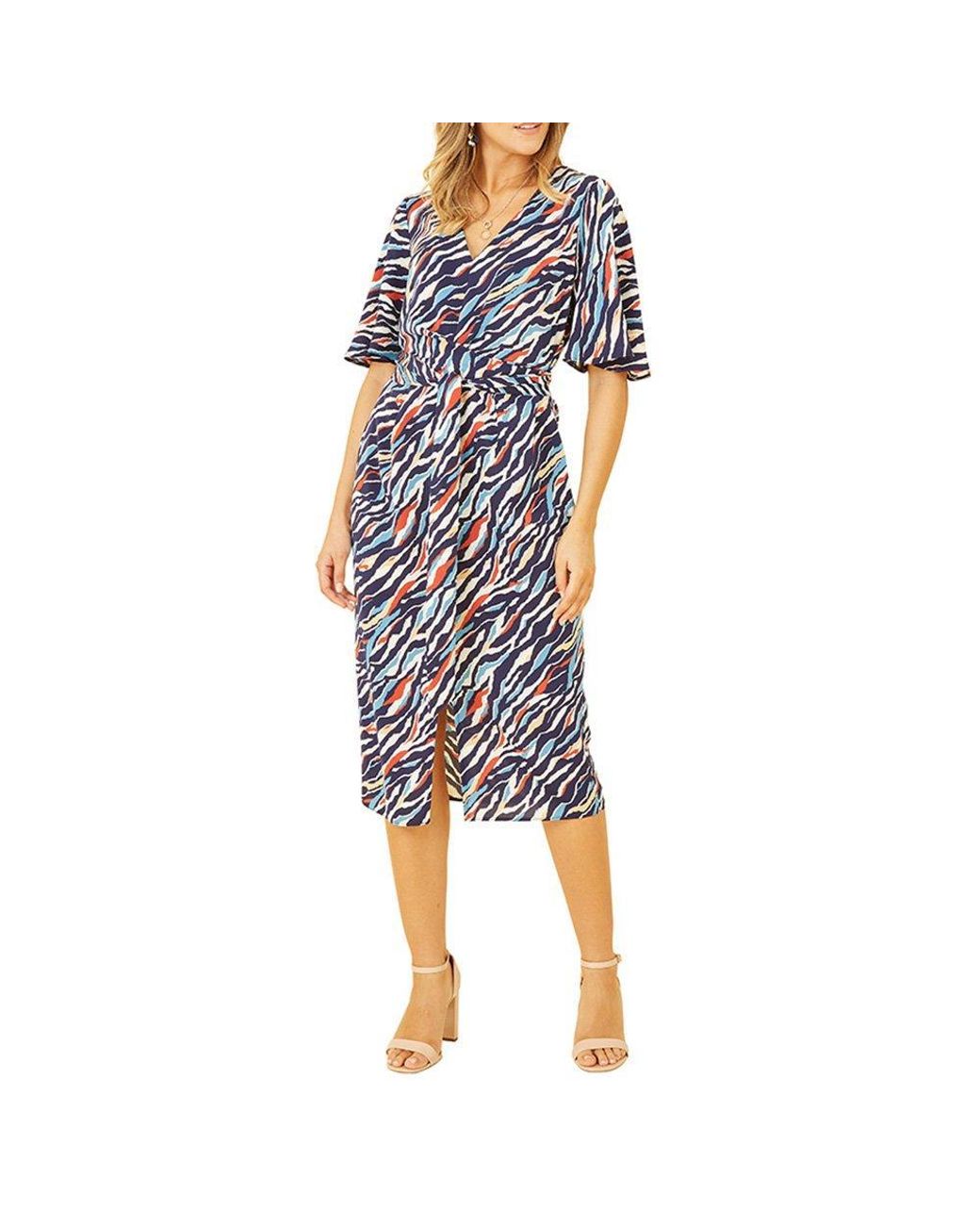Yumi' Blue Zebra Stripe Midi Wrap Dress