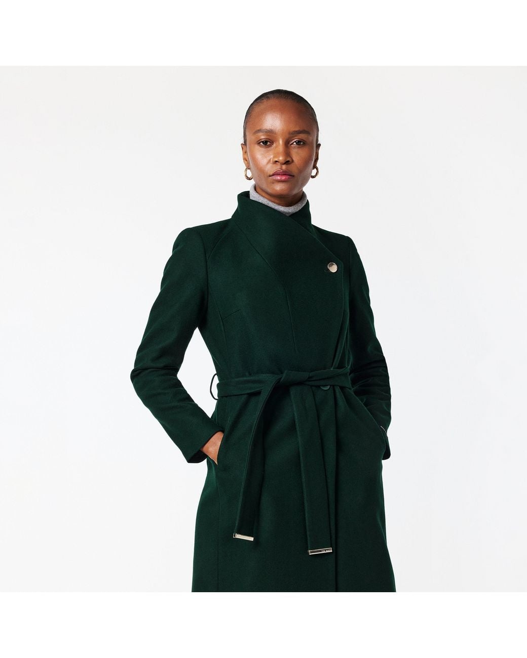 Ted Baker Green Rose Belted Midi Wool Long Sleeve Coat