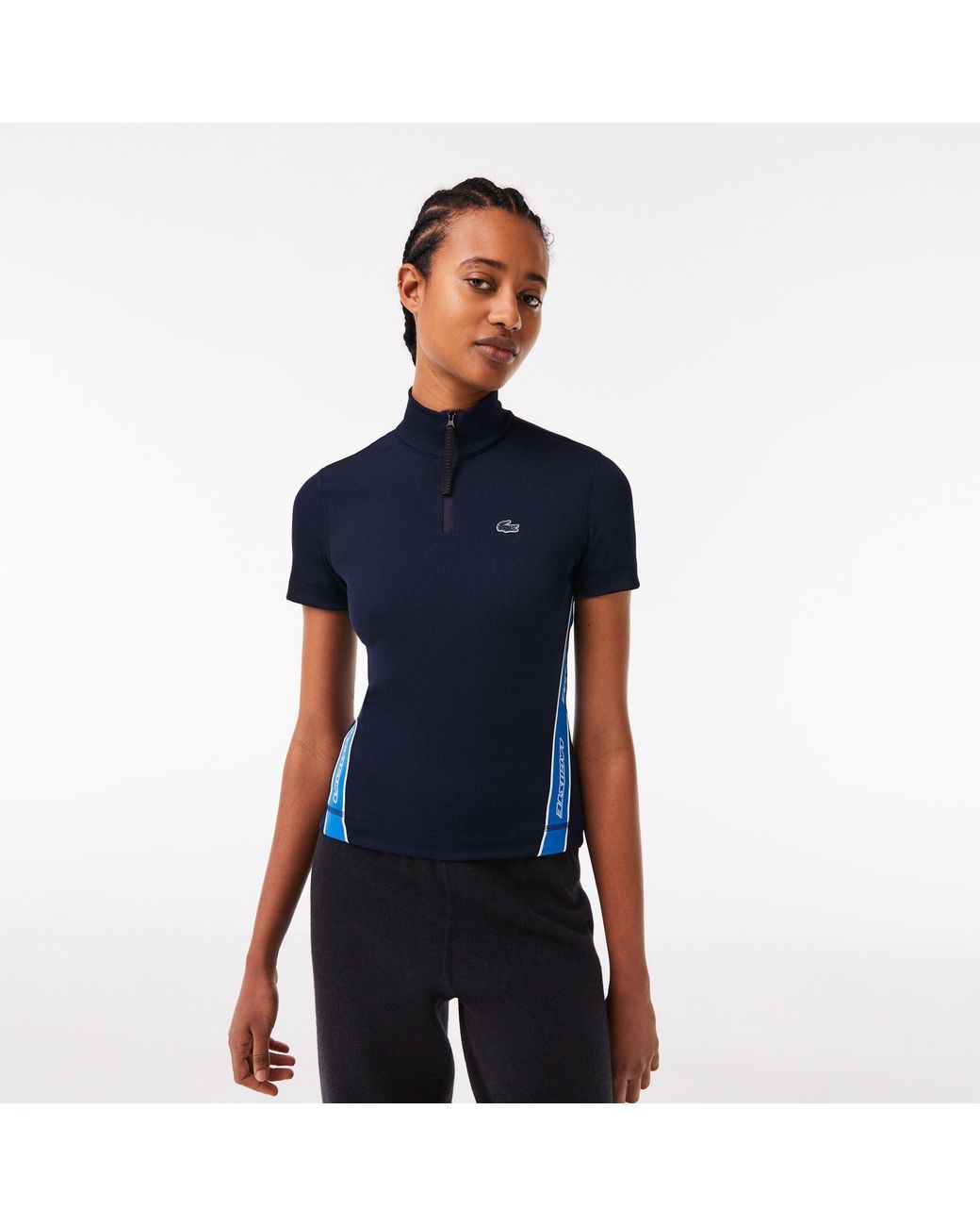 Lacoste Blue Ribbed Collar Zip Neck Short Sleeve Polo Shirt
