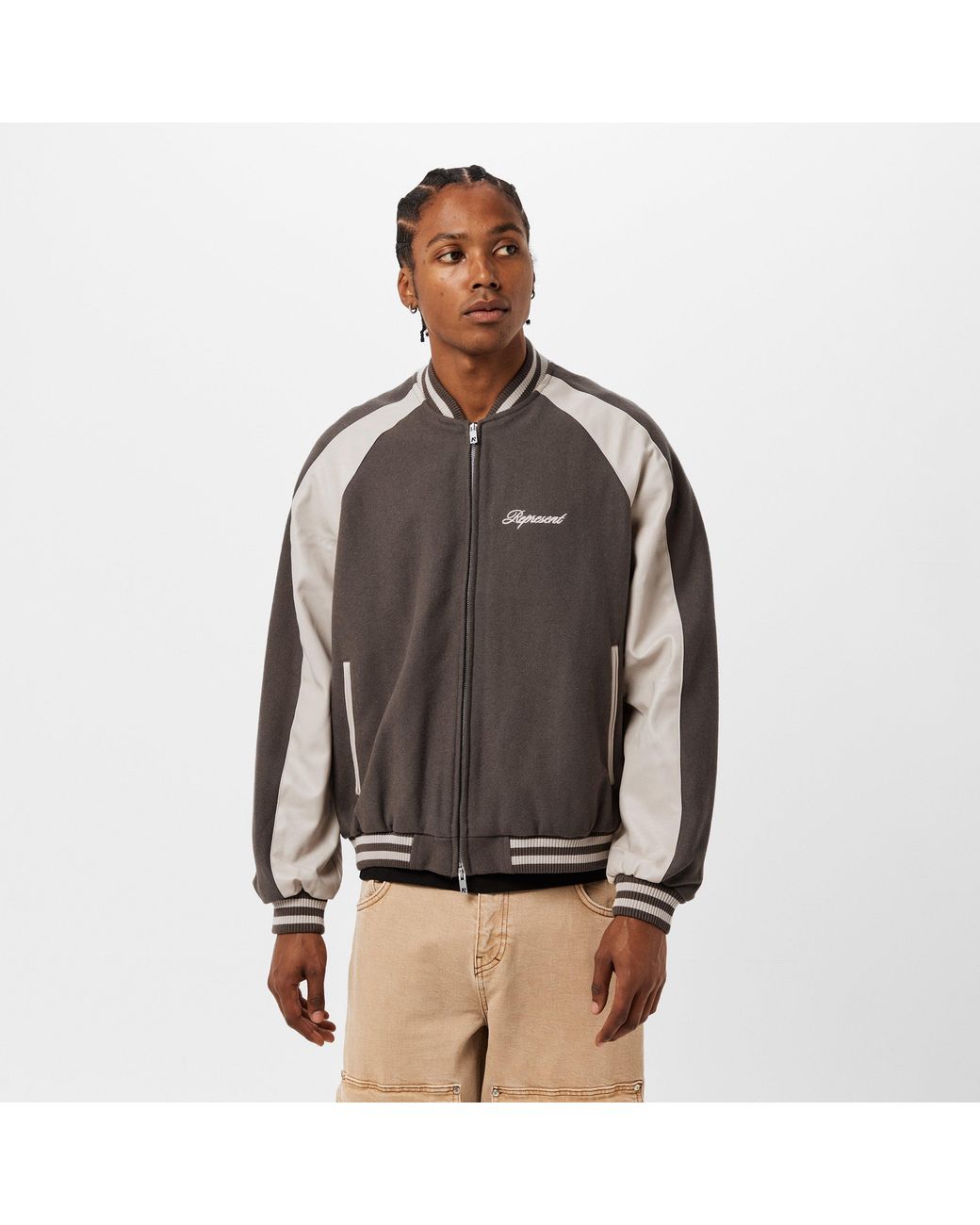 Represent Gray Metal Snap Button Varsity Jacket for men