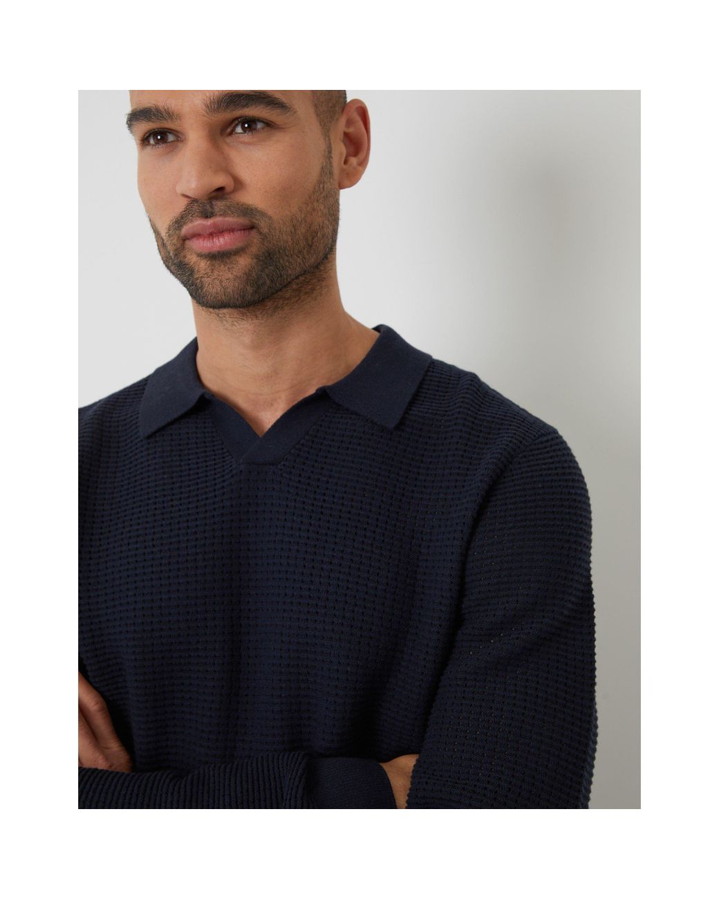 Threadbare Blue Brockholes Long Sleeve Knitted Polo Shirt for men