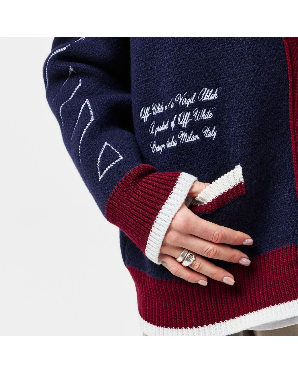 Off-White c/o Virgil Abloh Blue Varsity Button Front Knit Cardigan