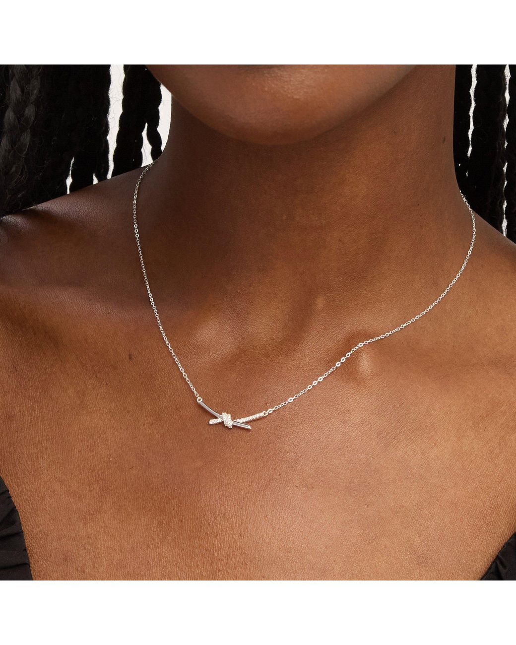 Simply Silver White Sterling 925 Pave Love Knot Necklace