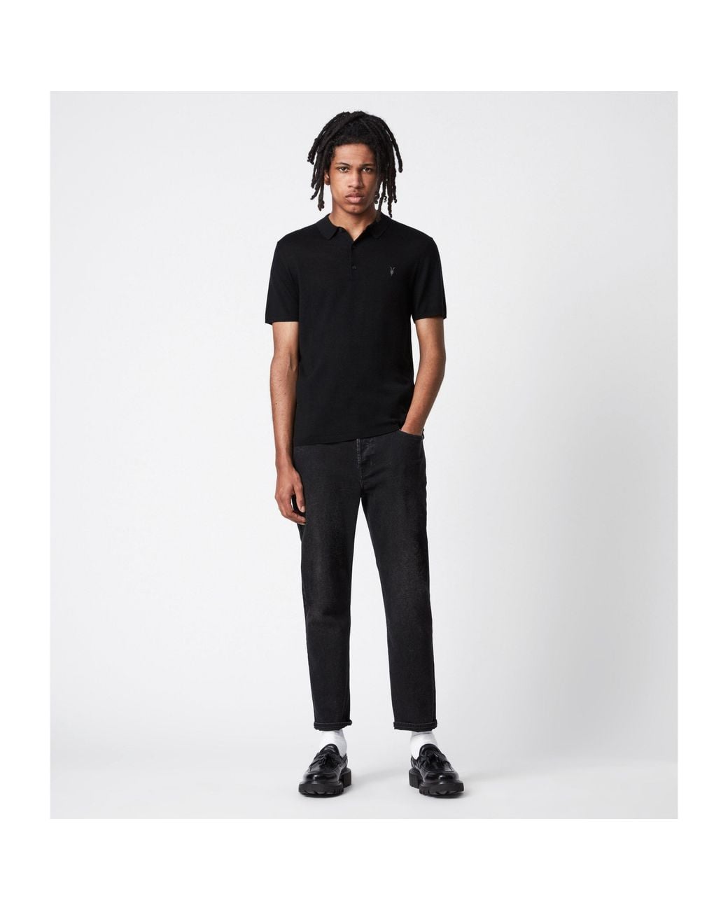 AllSaints Black Mode Merino Short Sleeve Polo for men