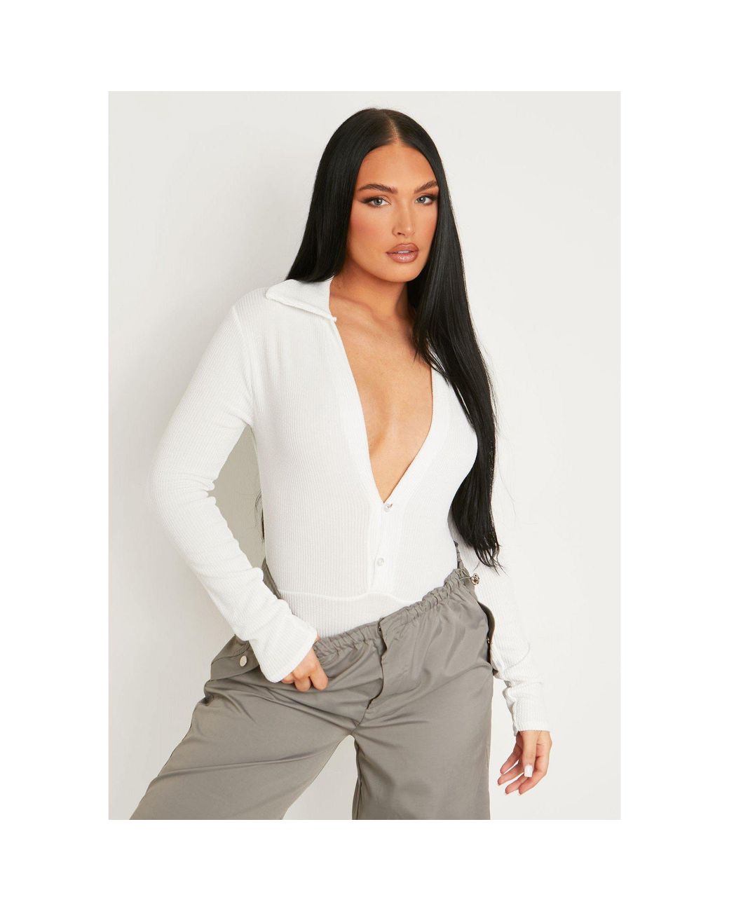 Missy Empire White Knitted Plunge Button Detail Bodysuit