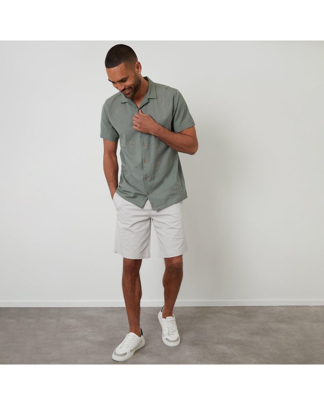 Threadbare Gray Linen Blend Palm Embroidered Short Sleeve Shirt for men