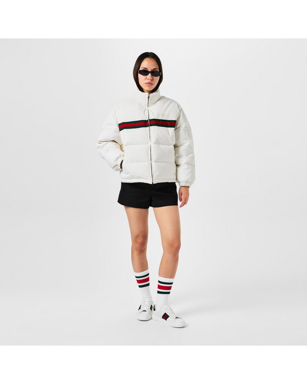 Gucci White Twill Bomber Water Resistant Goose Down Stand Collar Short Puffer Jacket