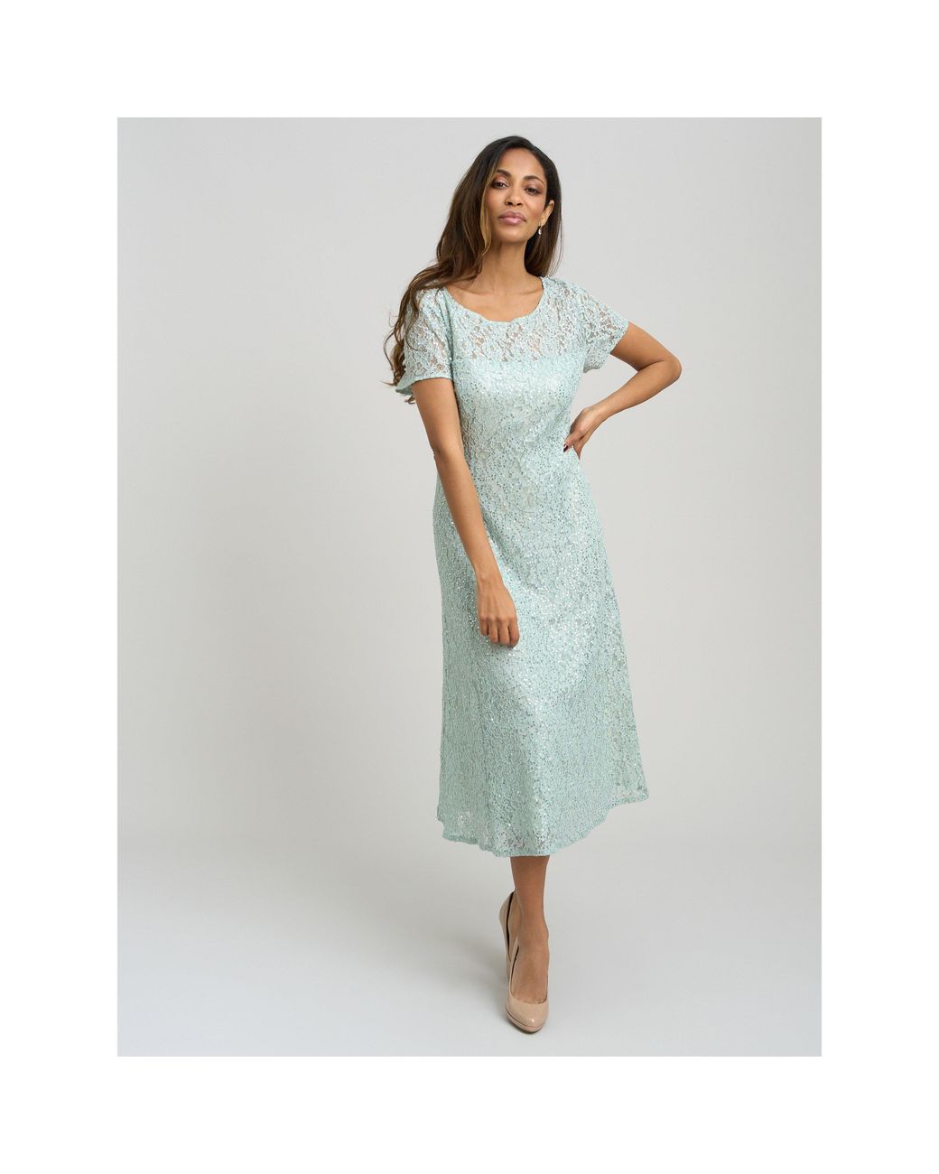 Gina Bacconi Blue Genny Cap Sleeve Midi Sequin Lace Dress