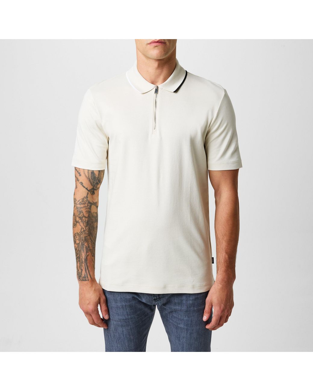 Boss White Paras Quarter Zip Cotton Short Sleeve Polo Shirt for men