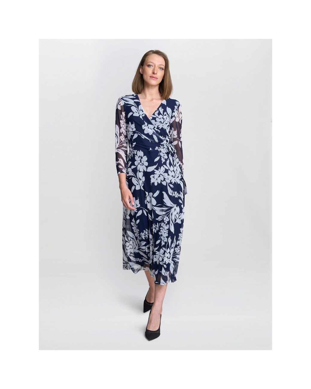 Gina Bacconi Blue Jan Floral Chiffon Wrap Midi Dress