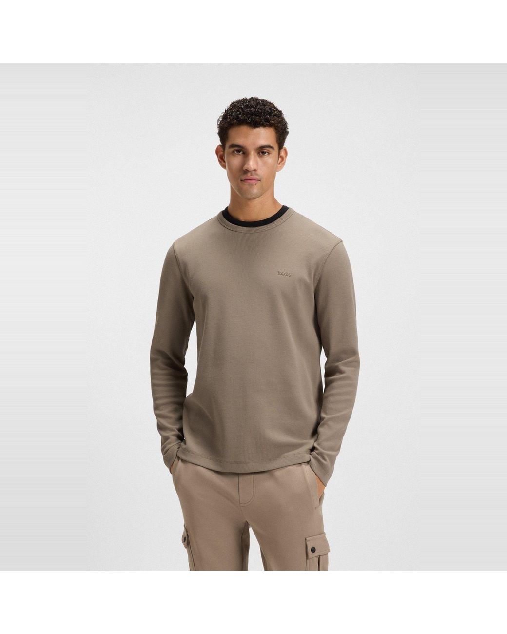 Boss Brown Tempesto Long-Sleeve Cotton Crew-Neck Polo Shirt for men