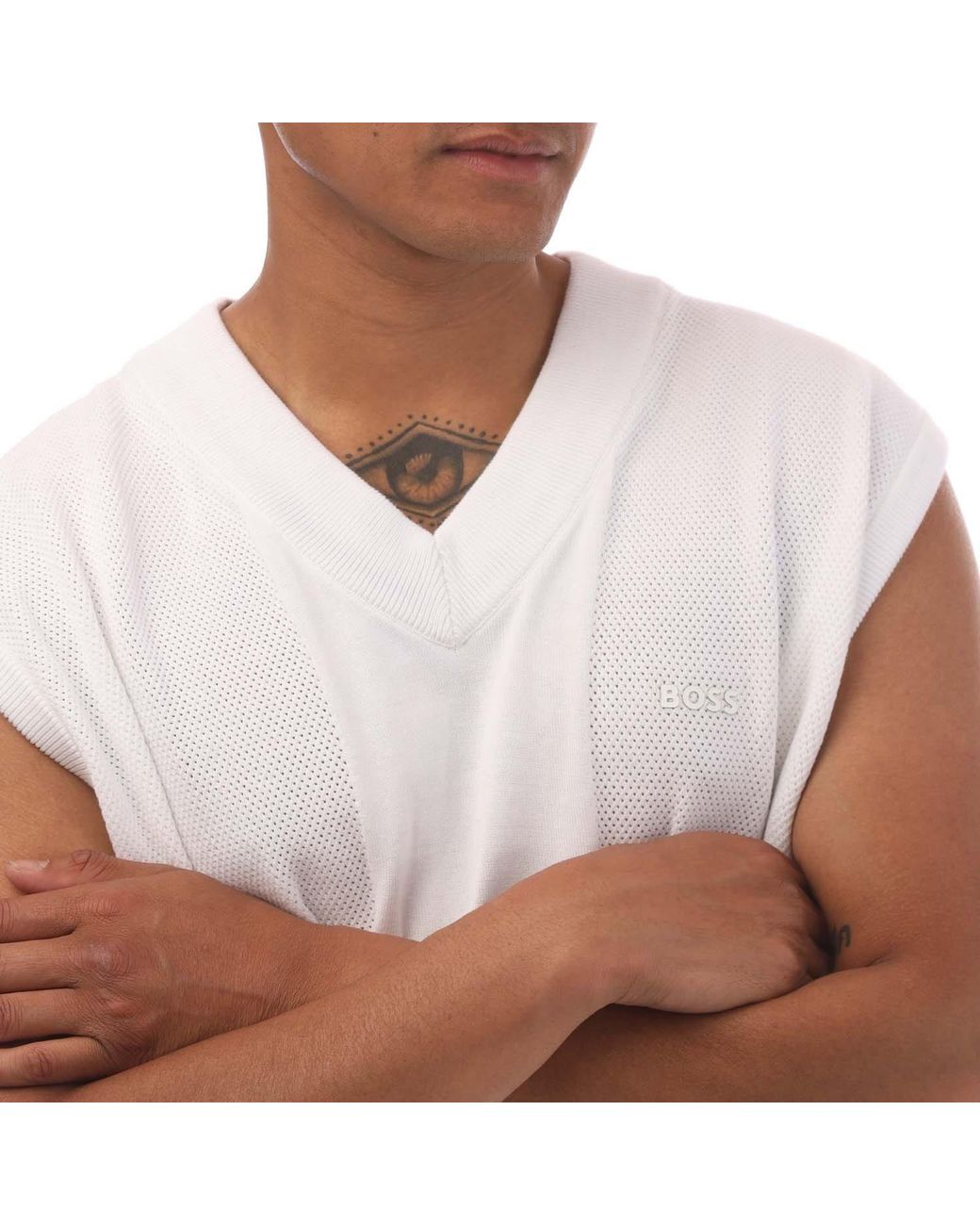 Boss White Vollino Cotton V-Neck Sweater Vest for men