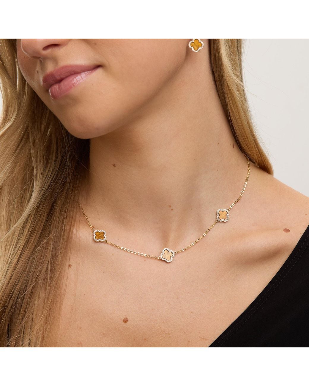 Jon Richard Metallic Plated Tigers Eye Station Clover Necklace