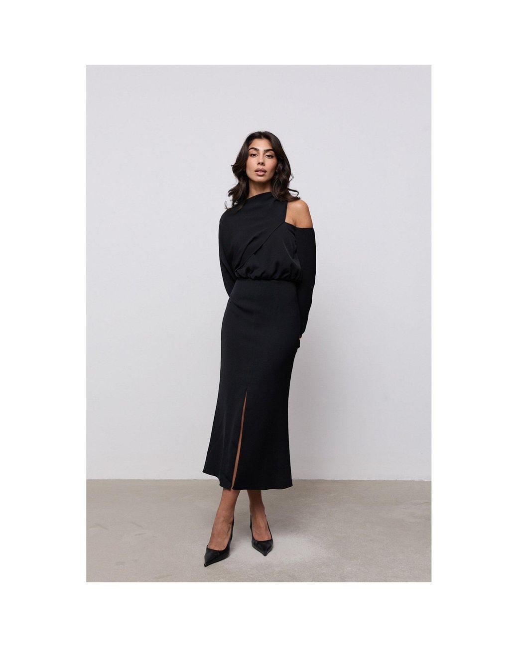 Odd Muse Black Draped One Shoulder Midi Dress