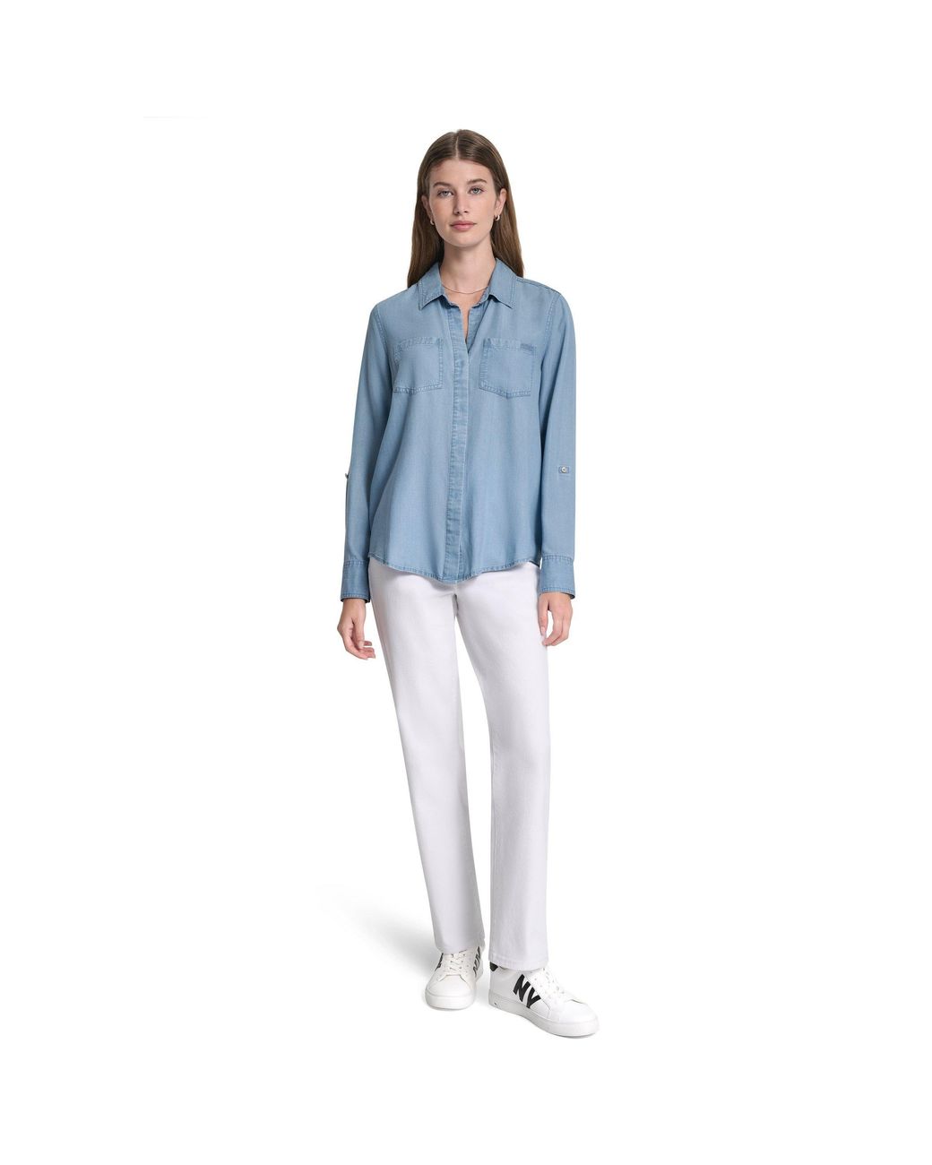 DKNY Blue Jeans Split Back Button Front Tencel Shirt W/ Roll Tab Sleeve